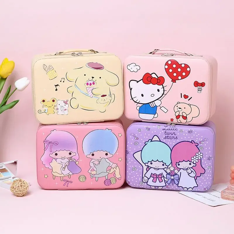 Sanrio Cosmetic Case Kuromi My Melody Cinnamoroll Hello Kitty Kawaii PU Leather Extra Large Makeup Bag With Mirror Storage