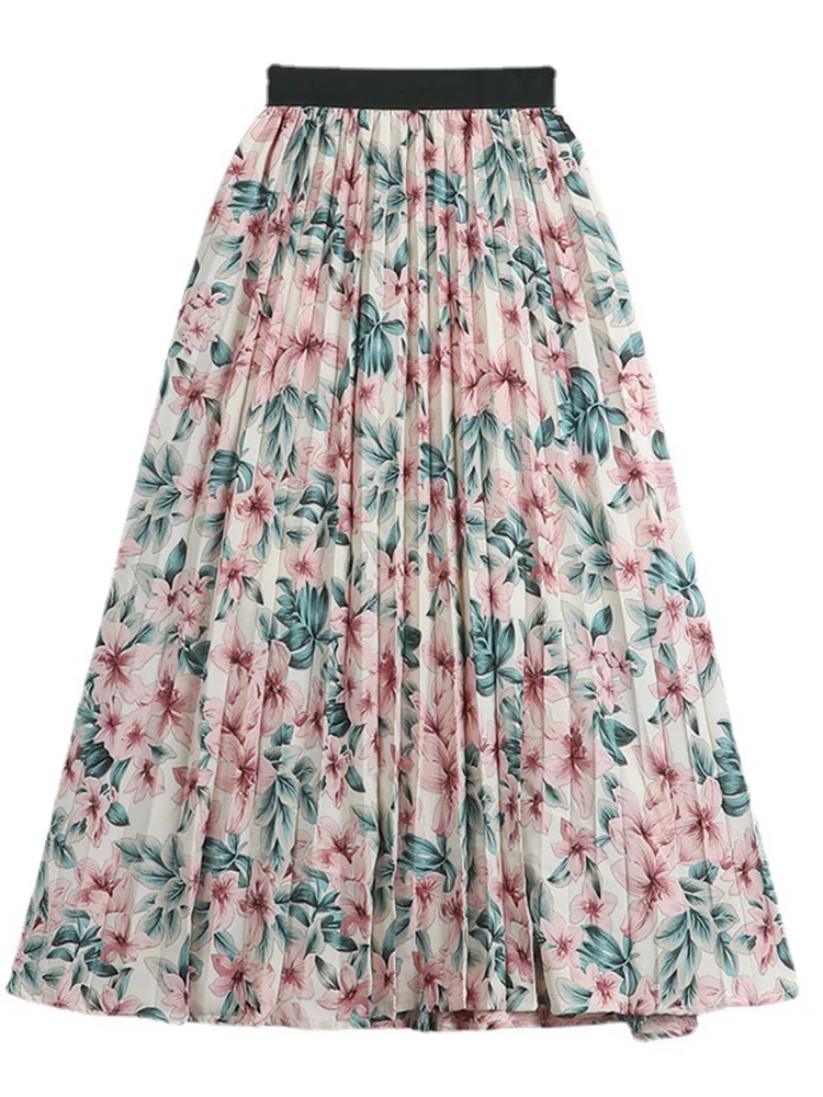 

Printing Mid-calf Pleated Skirt For Women Elastic High Waist A-line Skirts 2022 Spring Summer Female Fashion B337