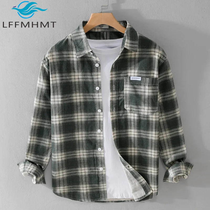 Men's Casual Plaid Shirts Spring Autumn Fashion Japan Style Simple Basic Long Sleeve Daily Tops Loose Trendy Youth Outfit Blouse