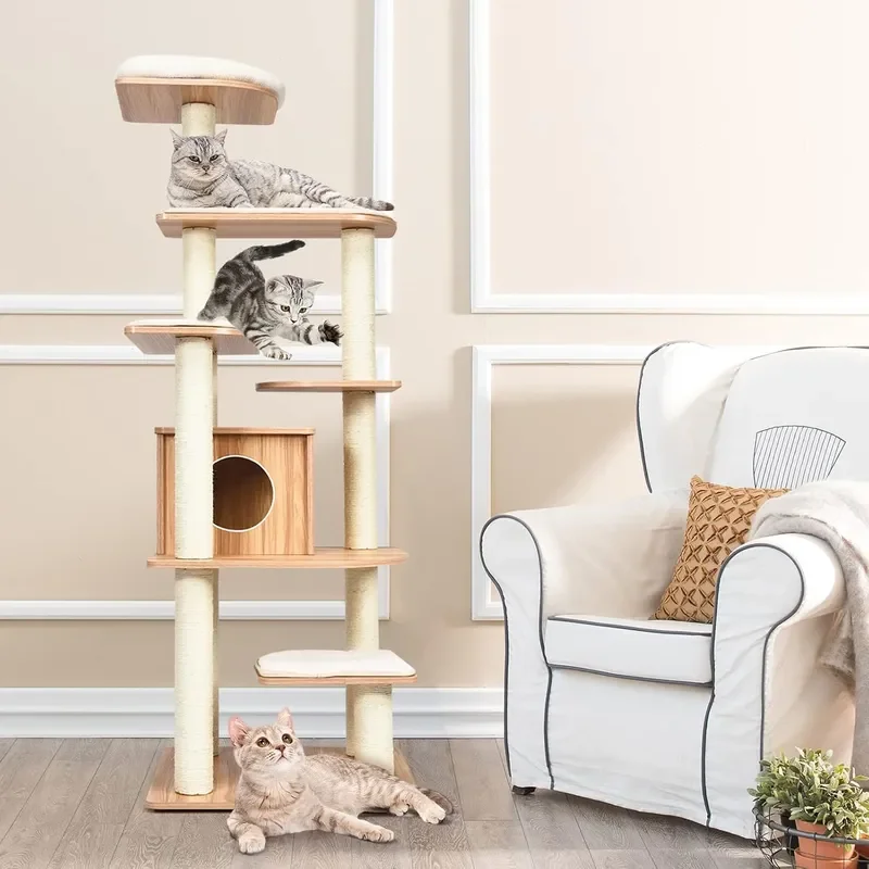 69-inch Cat Tree 7-Layer Cat Tower with Scratching Posts Self Groomer Top Perch Private Condo Retro Cat Activity Center with
