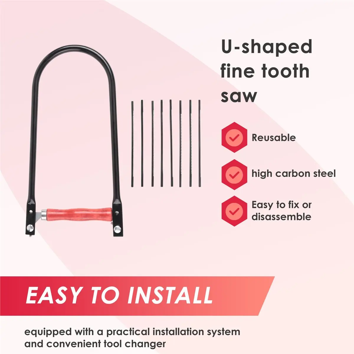 feelfeel 260mm U-Shaped Fret Saw with Wood Handle and High-Carbon Steel Blades, for Precise Cutting of Wood, Plastic, and Metal