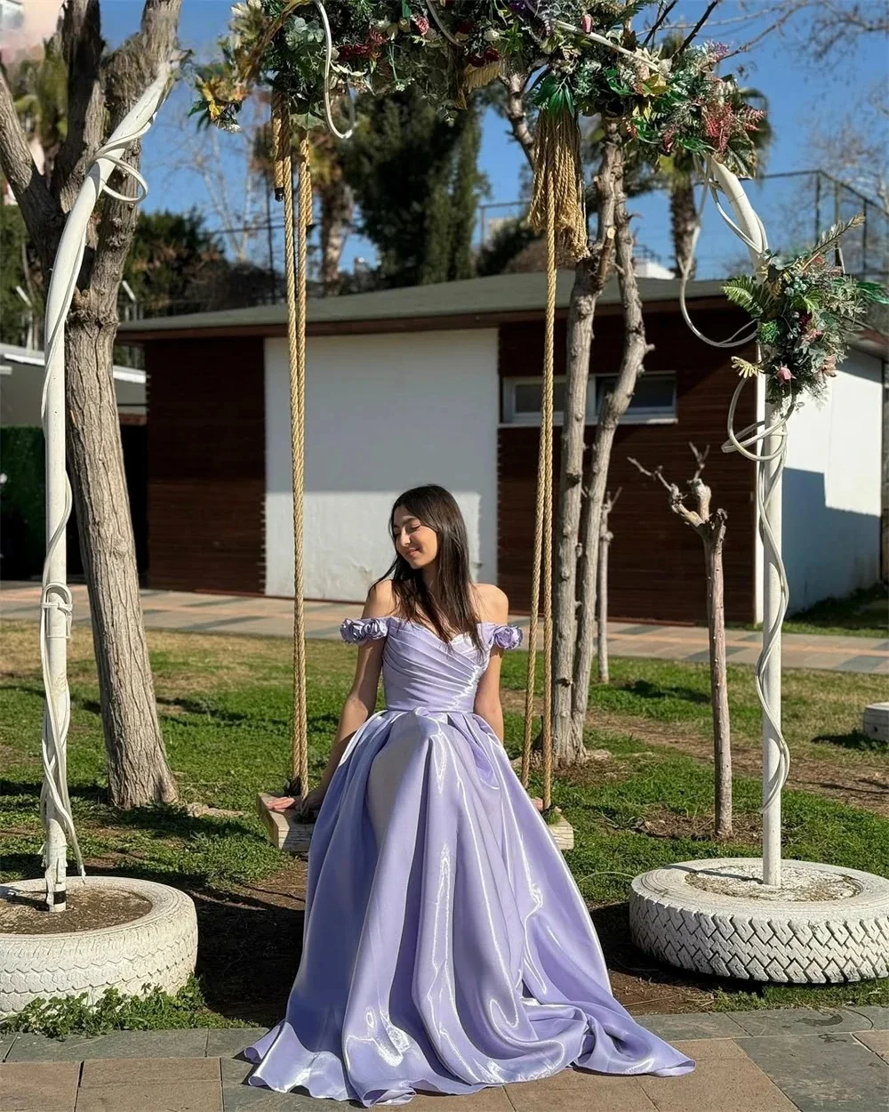 مثير مخصص التدابير العربية السعودية الأخضر مثير الخزامى الأزهار فساتين السهرة ألف خط مطوي قبالة الكتف فستان الحفلات تدفق ثلاثية الأبعاد #3