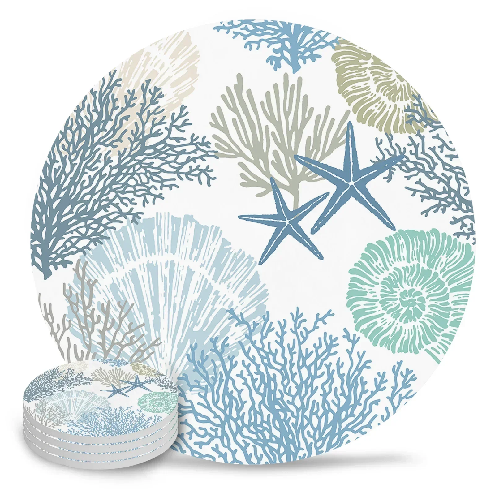 

Синие морские коралловые ракушки, морская звезда, круглые подставки, кофейные аксессуары, впитывающие керамические подставки