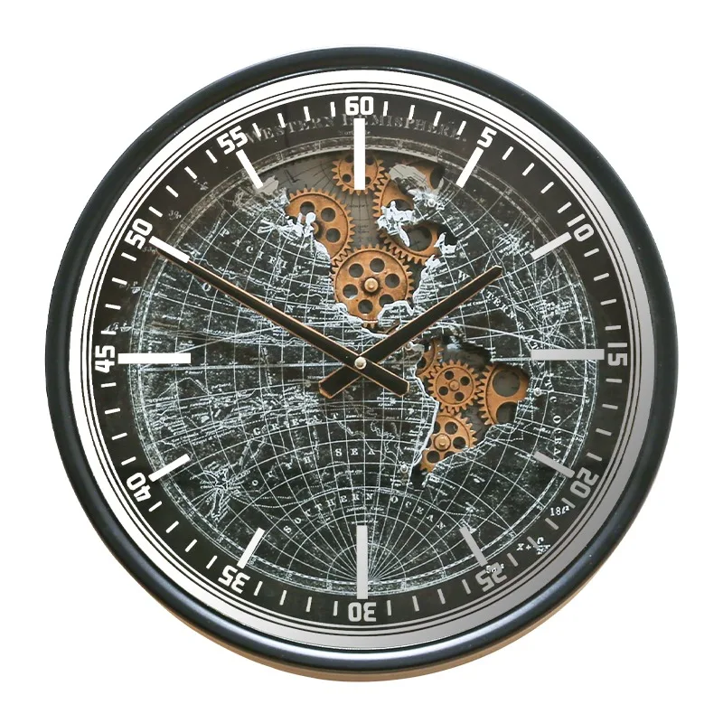 *Vintage Steampunk Wall Clock, Industrial Iron Gear Mechanism with Earth Design, Retro Wall Decor for Living Room, Office, Cafe