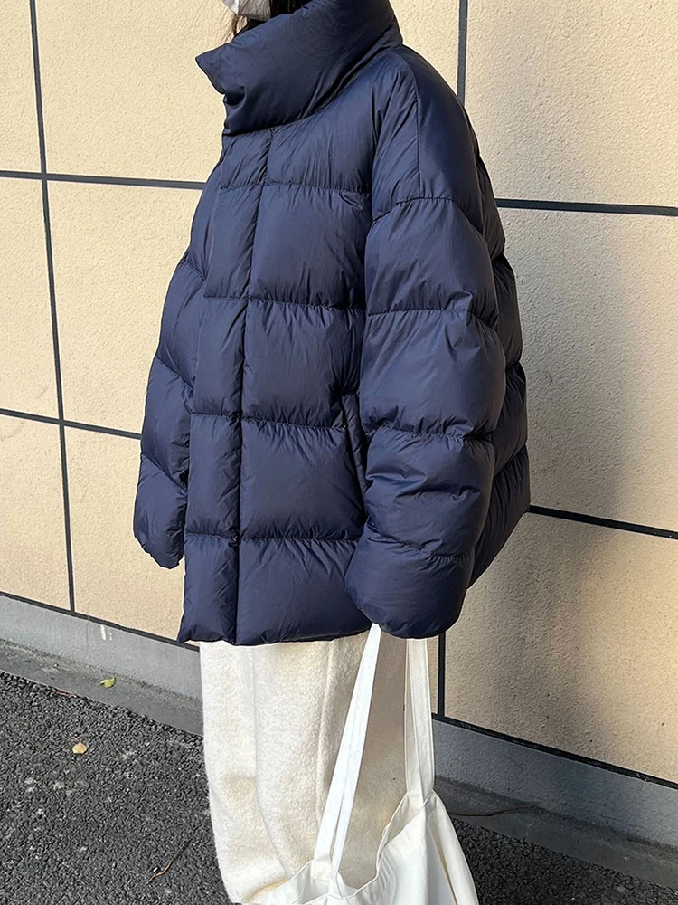 [EAM] Navy Big Size Keep Warm Down Jacket New Stand Collar Long Sleeve Warm Women Parkas Fashion Tide Autumn Winter 2024 1DH8186