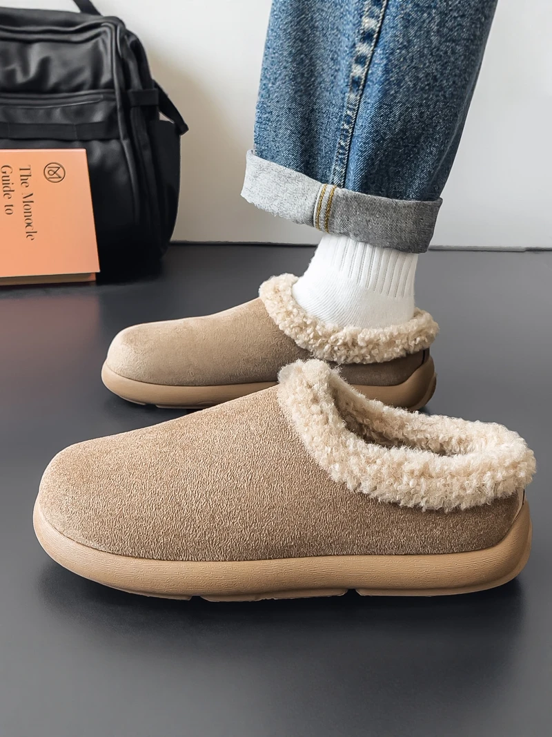 Men's Winter Fleece Lined Slip-On Cotton Slippers Thick Bottom Outdoor Wearable Casual Shoes Leather Fur Integrated Cover Ant...