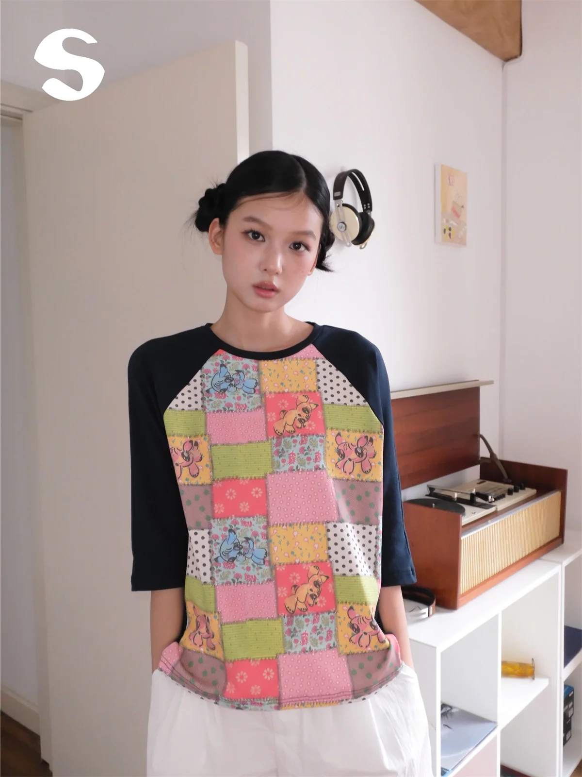 Early Autumn Korean Style Women's T-shirt Patchwork Print Seven-eighth Sleeve round Neck Casual Breathable Summer Top