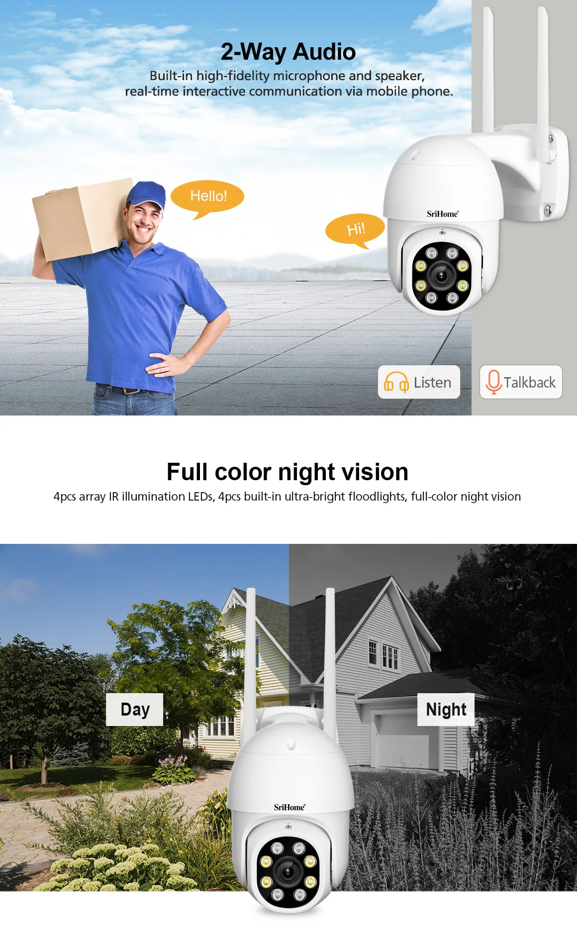Srihome SP028 8MP Wifi IP Wireless CCTV Security Surveillance PTZ Camera Tracking Two-way Audio HD Night Color Wireless Cameras