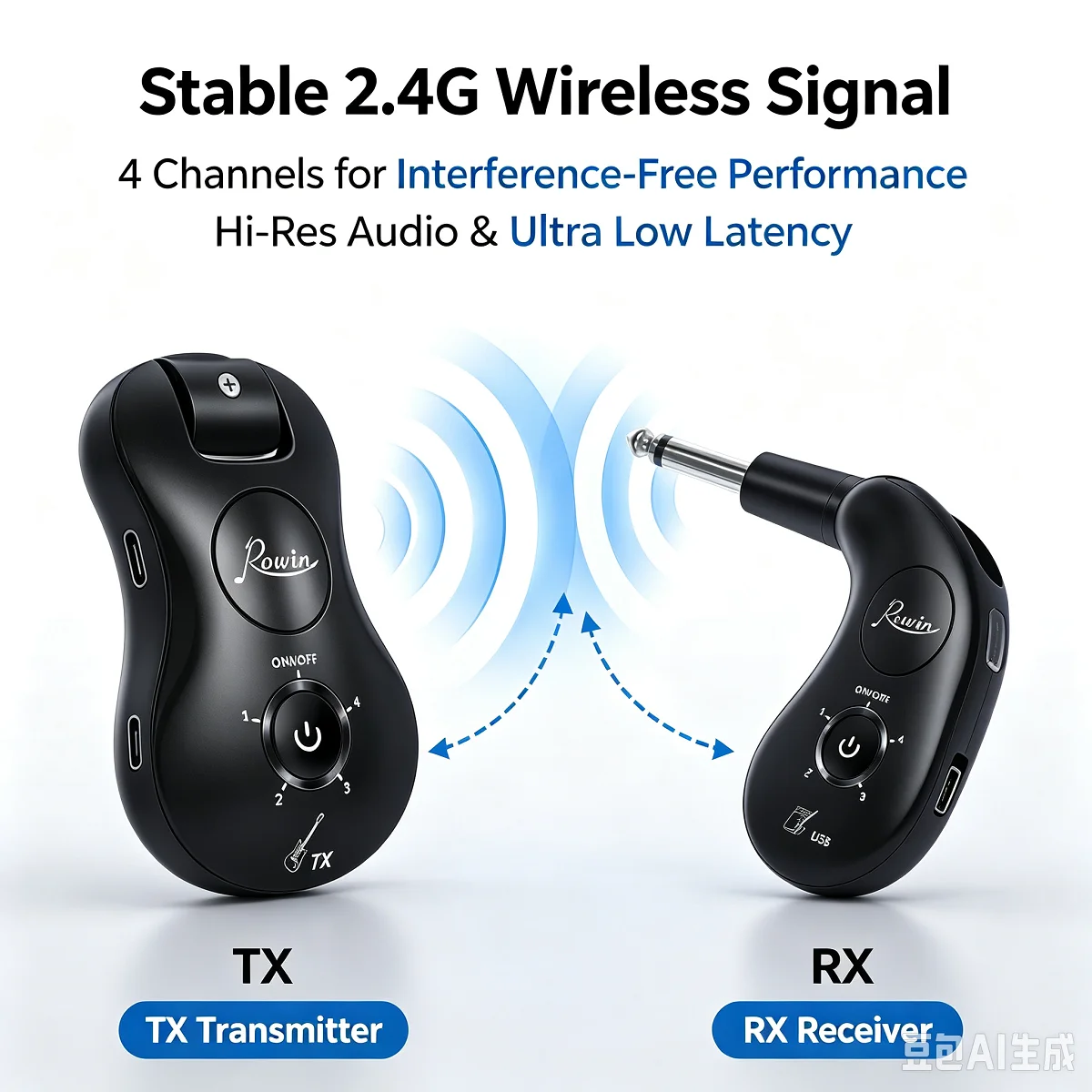 Rowin 2.4GHz Guitar Wireless Transmitter & Receiver 32bit/48KHz Hi-Res Audio 4 Channels Rotatable Wireless Guitar Bass System
