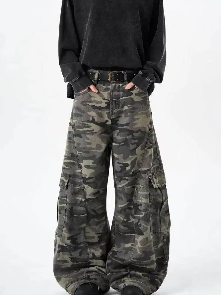 Amerikaanse retro camouflagemesjeans met wijde pijpen ex Loose Fit werkkleding High Street Trend Jeugd Casual katoenen denim