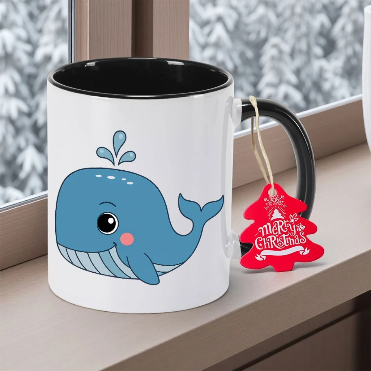 Cross-border Cute Blue Whale and Floral Decoration Ceramic Coffee Cup 