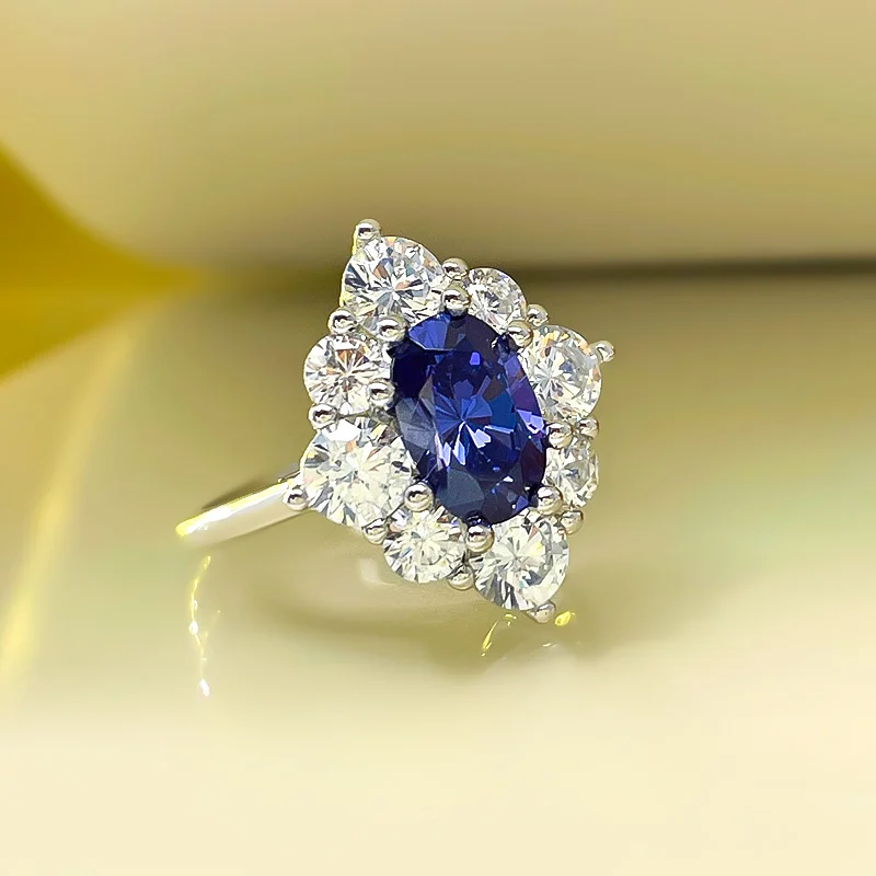 Blue Treasure Ring and Ring Female 925 Full Body Sterling Silver Daily Explosive Flash Light Luxury Senior Wedding