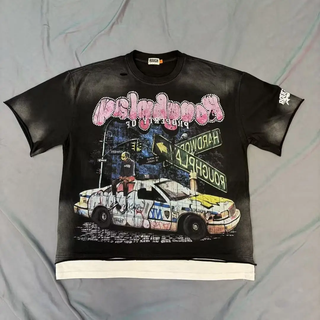 Oversized Washed Black Tee Men Rhinestone Graffiti Print T-shirt Retro Distressed Broken Hem Y2K Hip Hop Streetwear Tops Unisex