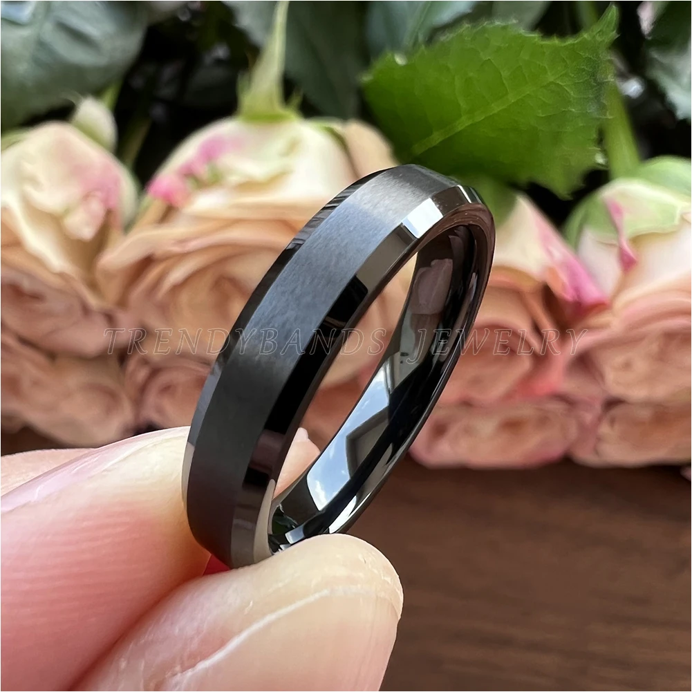 Black Plated Fashion Jewelry Tungsten Carbide Rings for Men Women Wedding Band Beveled Edges Matte Finish Comfort Fit