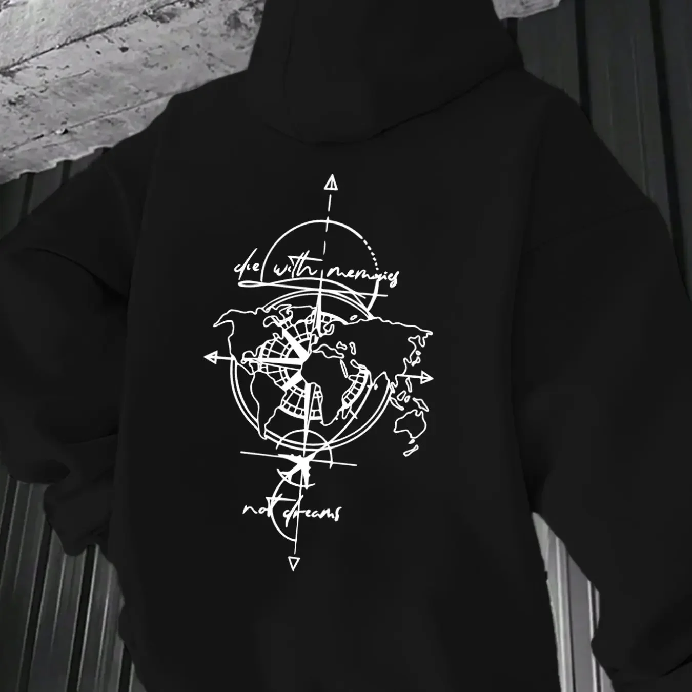 Minimalist Line Drawing Hooded Sweatshirt Men World Map Compass Letter Back Print Casual Loose Long Sleeve Top