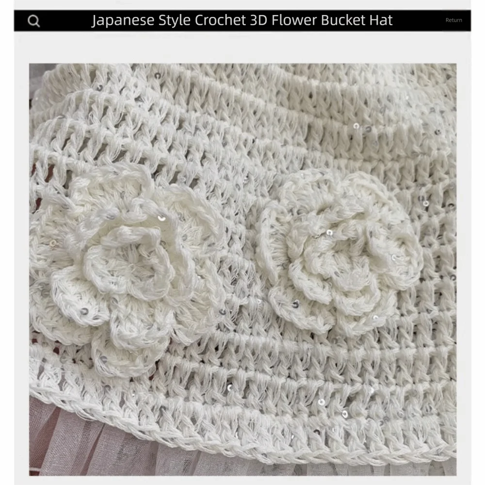 Hand-Woven Knitted Beanies Solid Color Breathable Crochet Hat Flower Pattern Sequin Decor Hollow Out Hat