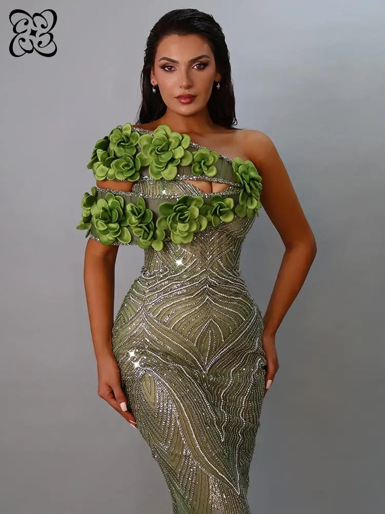 

Роскошное зеленое 3D-платье макси с цветочным узором и пайетками, с открытыми плечами, расшитое бисером, вечернее платье-русалка, элегантное платье для гостей на свадьбу, женское платье