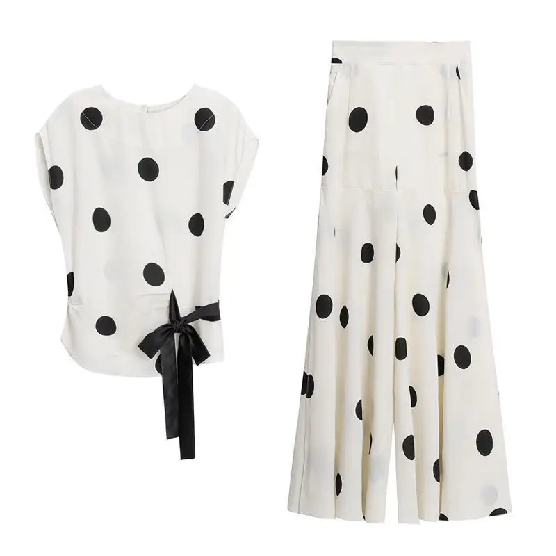 Elegante Mode Polka Dot Print Hose Sets Sommer O-Ausschnitt Kurzarm Bluse elastische Taille weites Bein Hosen lose Damen Sets