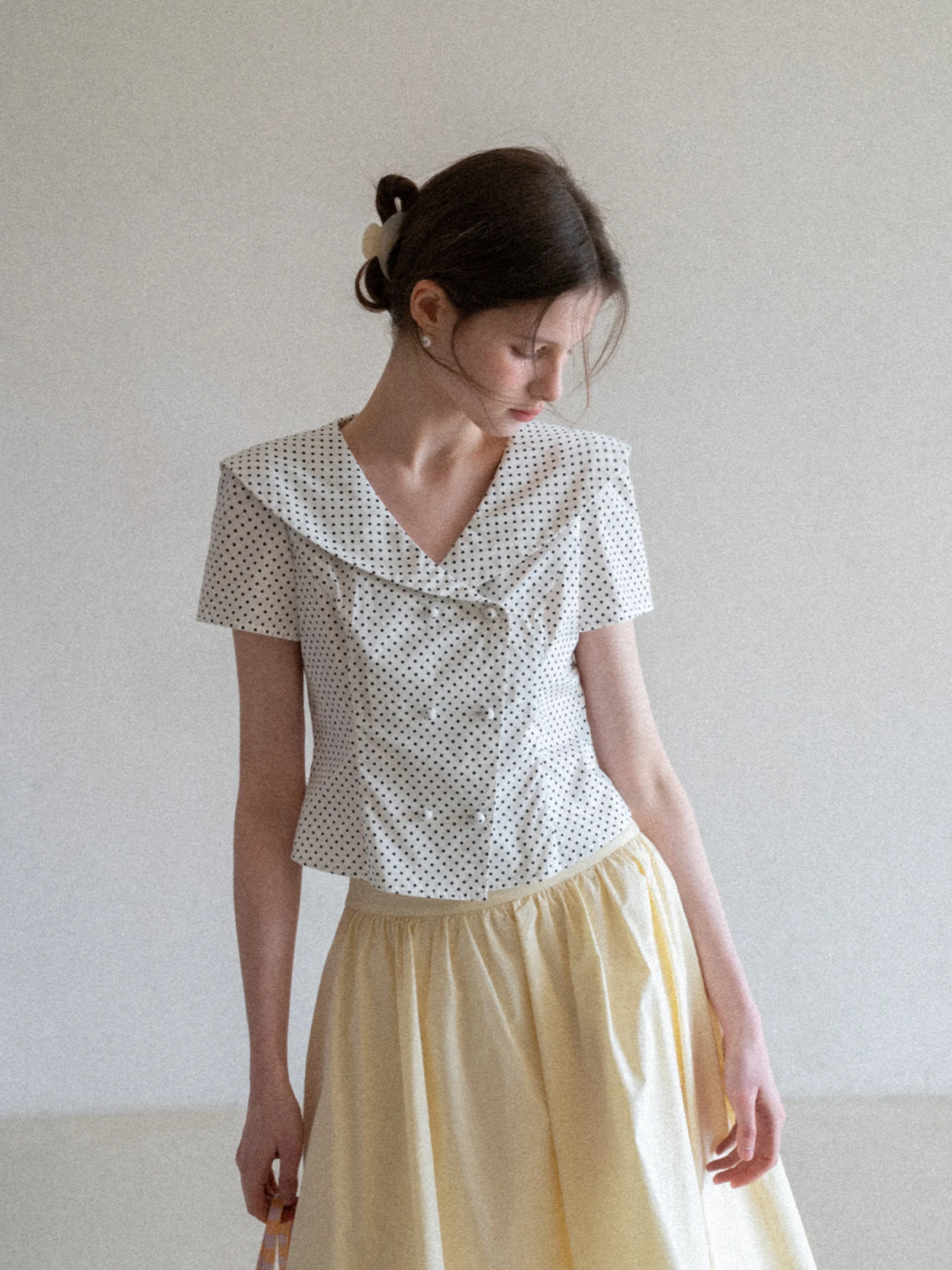 EGGKA White Polka Dot Short Sleeve Shirt Women's Summer Design Slim Fit Casual Shoulder Navy Collar Cotton Vintage Style