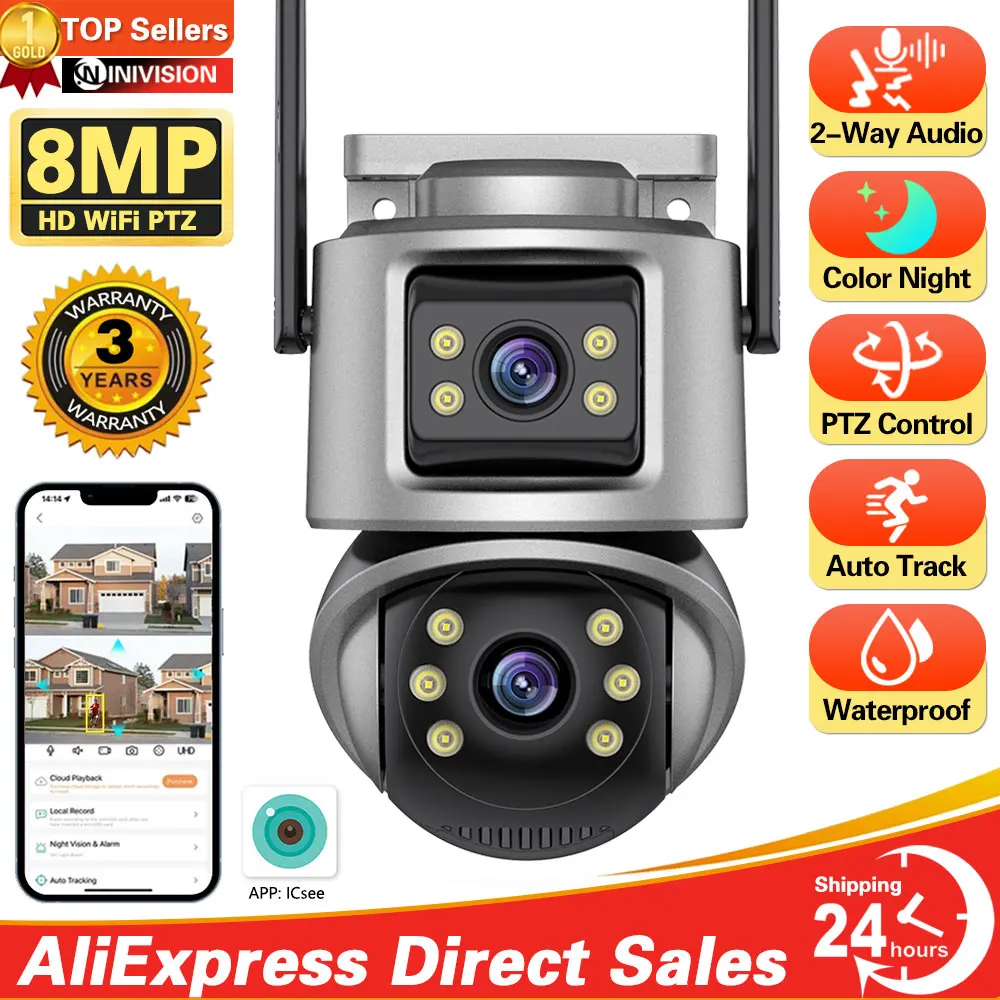 

Outdoor Wifi PTZ Camera 4K 8MP HD Dual-Lens Dual Screen Camera AI Auto Tracking 4MP Video Surveillance Human Detect Alarm iCSee