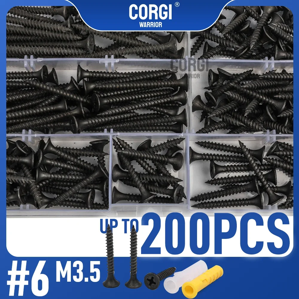 100-200 Black Steel Wood Screws Assortment Kit #6 Drywall Phillips Head Flat M3.5 Self-Tapping Screw Length 16-50mm with Anchors