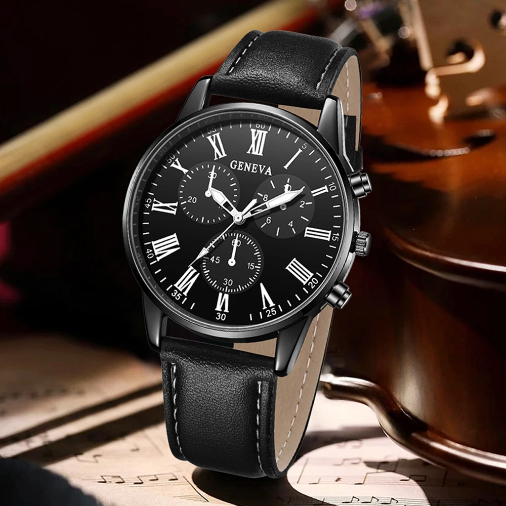 4PCS Black Men's Watch Set Business Trend Versatile Roman Digital Scale Quartz Watch Bracelet Necklace Ring Set Perfect Gift Set image 3