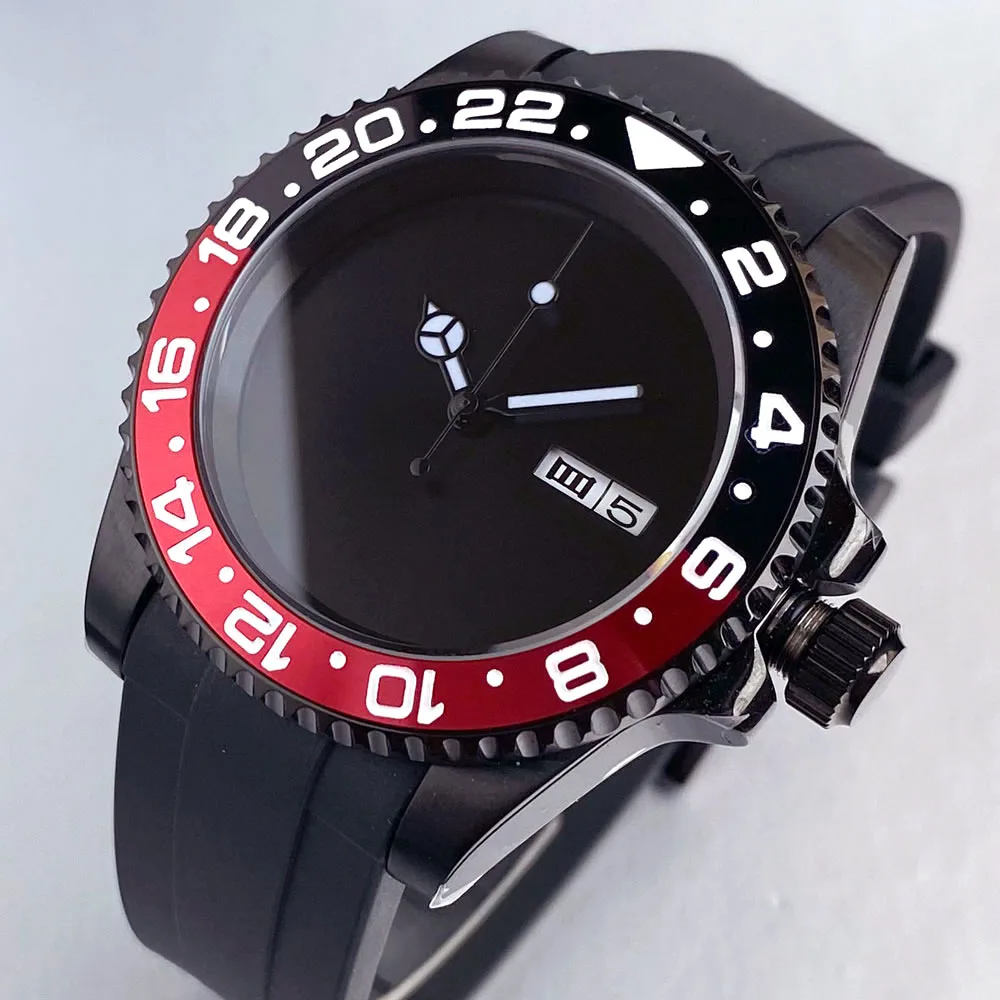 Tandorio Black Plain Dial Date Weekday 40mm PVD Case 20ATM NH36 Men Automatic Watch Sapphire Glass Rubber Band Pin Buckle