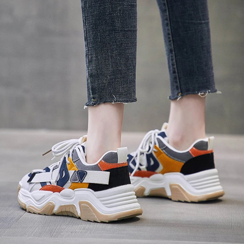 Platform Sneakers Woman Running Shoes Lady Fashion Color Block Cross-strap Breathable Sports Shoes Women Trainers Zapatos Mujer