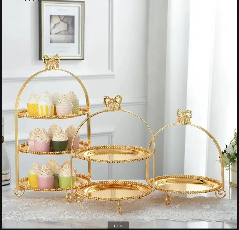 Single Layer Two Layers Three Bow Metal Cake Stand Gold Silver Round Pearl Dessert Pan Fruit Tray Display