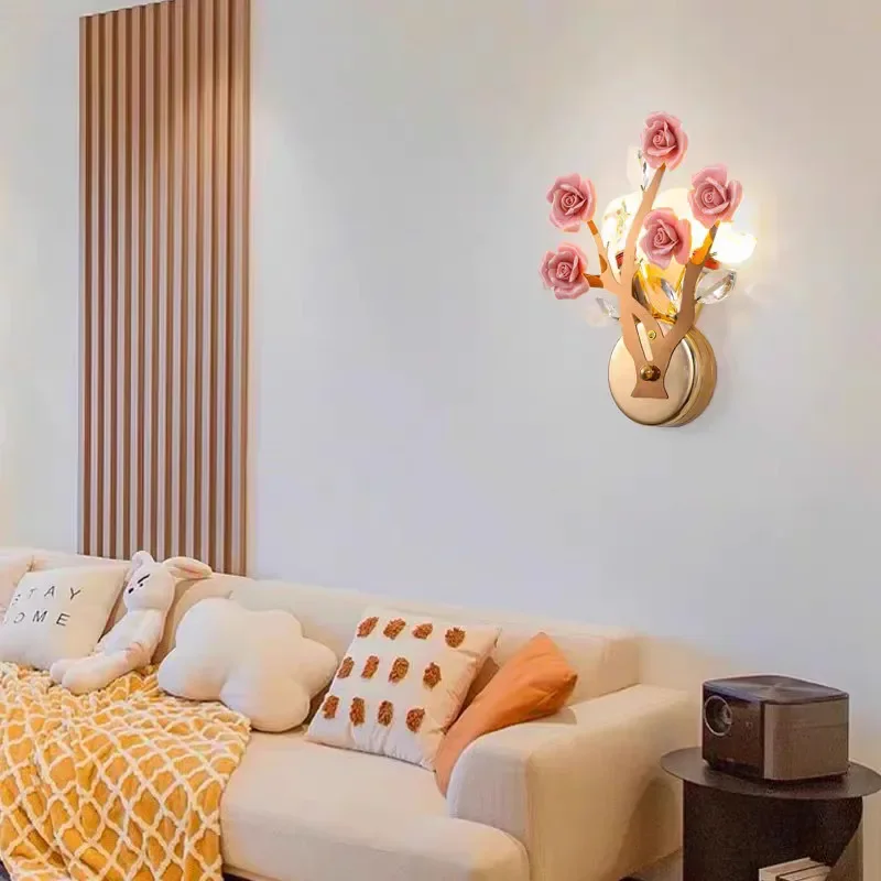 COLIN Lámpara de pared de cristal contemporánea Creatividad Cerámica Flores de rosas Sala de estar Dormitorio Habitación de niña Villa Luz de noche LED