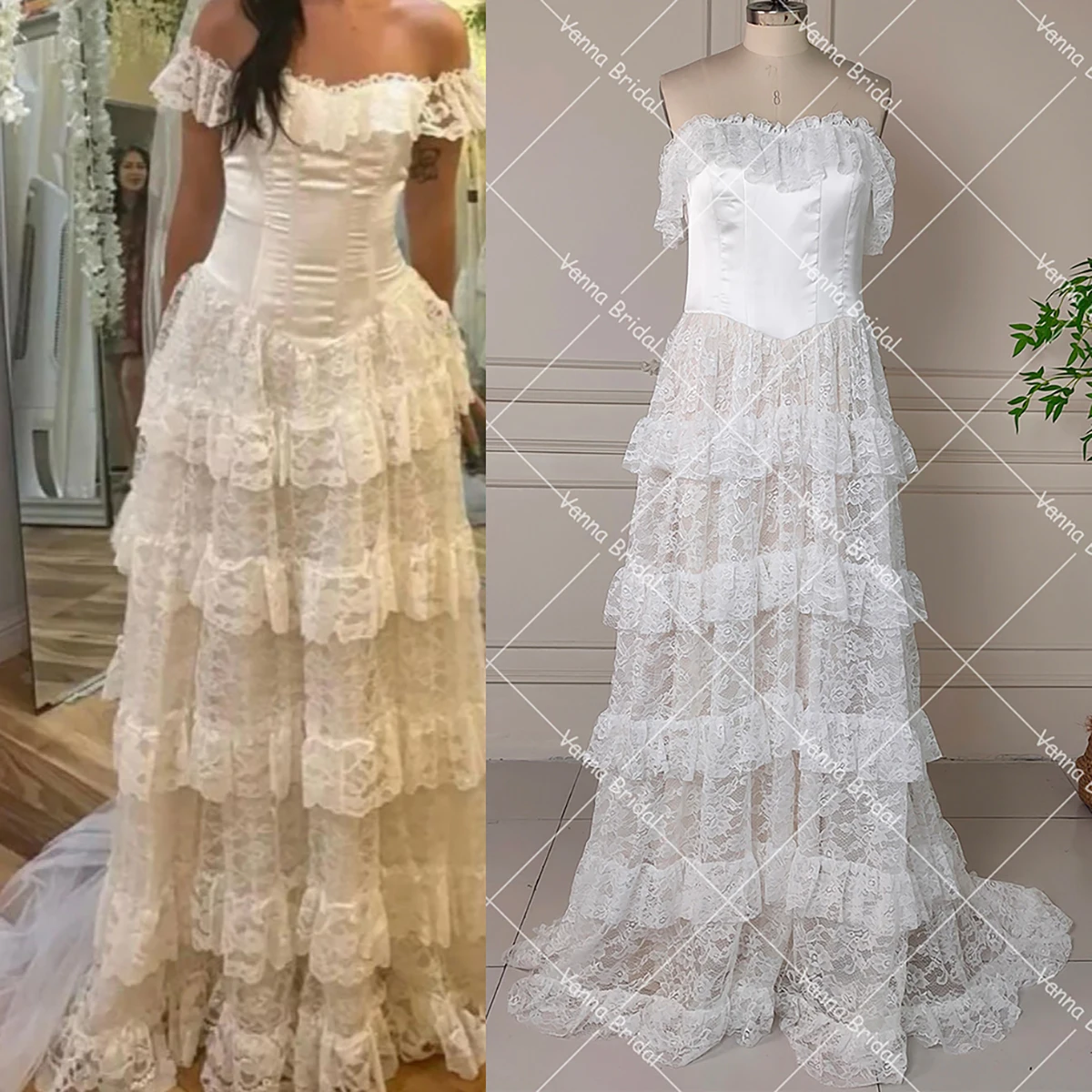 A Line Tiered Lace Customized Wedding Dress Low Waist Romantic Real Photos Zipper Off Shoulder Bridal Gowns With Small Train