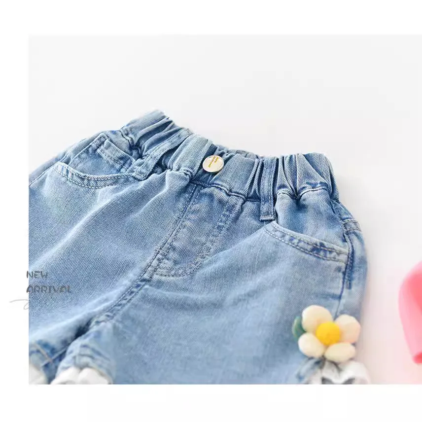 1pcs Summer Thin New Girls Casual Denim Shorts Toddler Baby Sweet Flowers Pants Kid Pockets Design Clothing Children Jeans Pants