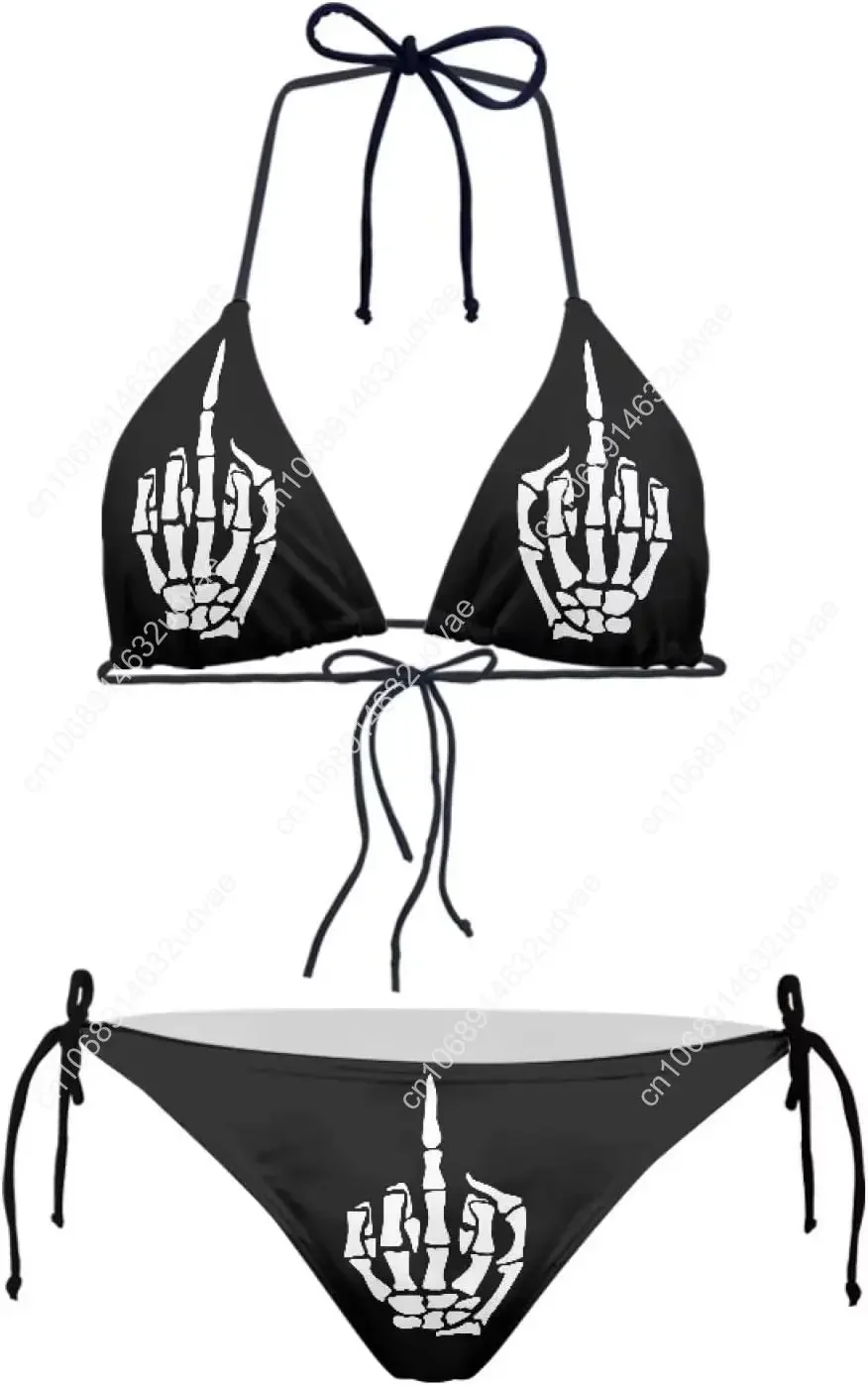 

Skull Middle Finger Women's Bikini Sets Push Up Triangle Bikini Swimsuit Low Waist Bottom Tankini 2pcs Athletic Tank Top