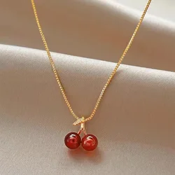 Little Wine Red Cherry Pendant Necklaces For Women Fashion Personality Fruit Golden Chain Necklace Party Jewelry Birthday Gifts