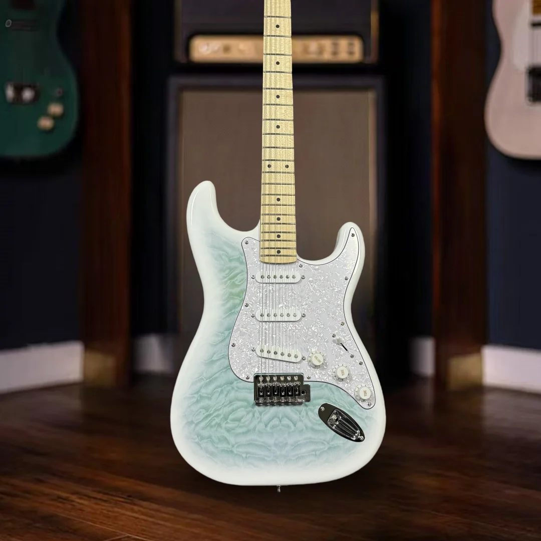 

Water Green ST 6 Strings Electric Guitar SSS Pickups White Pearl Guard Maple Fretboard 21 Frets Guitarra