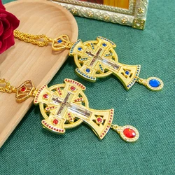 HTISOK Orthodox Cross Necklace Gold Plated Priest Pectoral Cross Icon Russian Pendant Red Stone Religious Church Cross Necklace