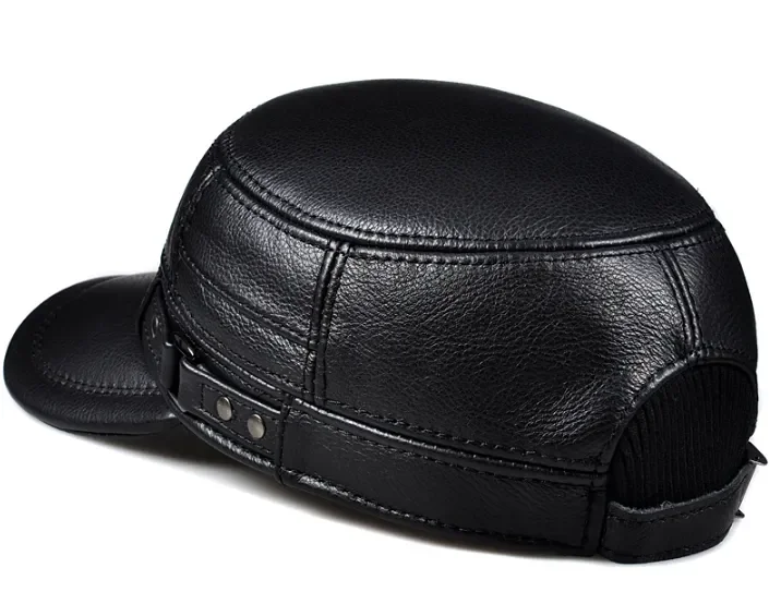 Winter Genuine Leather Cap Men's Flat Caps Military Hat Elegant Man Baseball Cap British Vintage Cowhide Ear Warm Hat