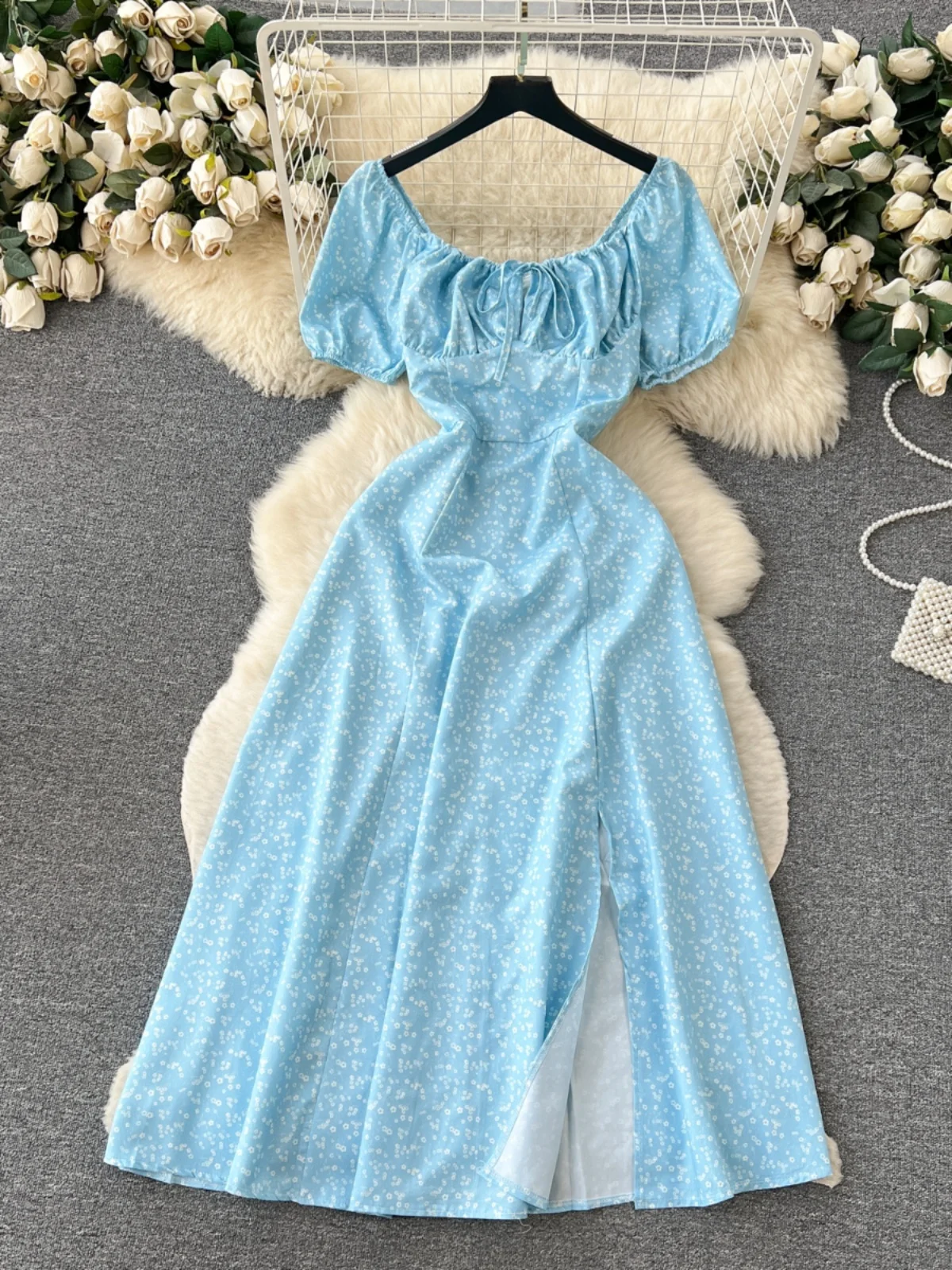 Vestido largo romántico con estampado Floral para mujer, falda acampanada con diseño de abertura y manga de burbuja, e...