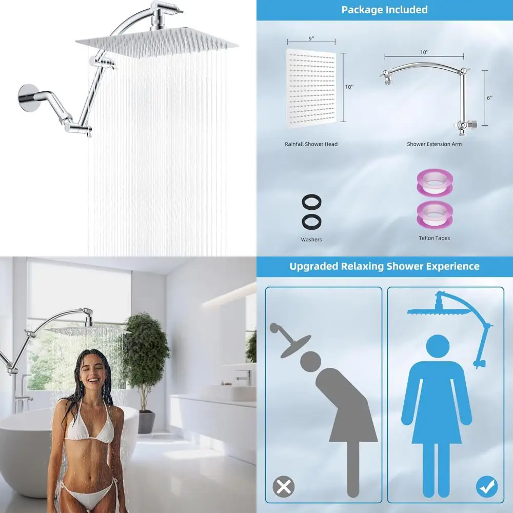 

10 High-Pressure Square Shower Head with 16 Extension Arm, Solid Brass Adjustable, Chrome Finish