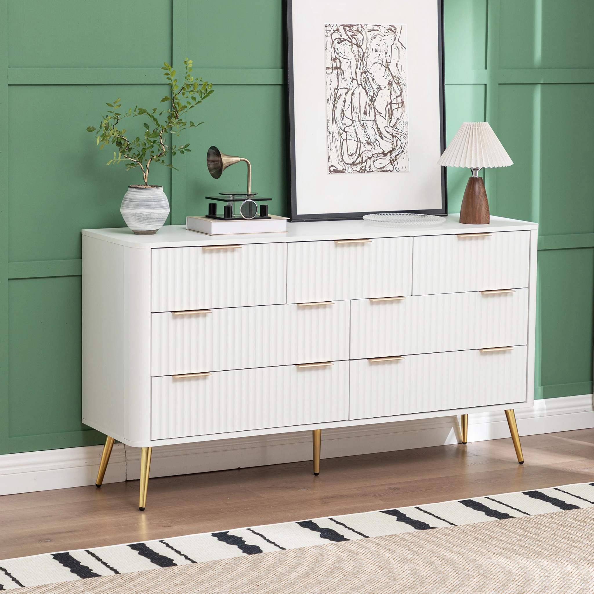 Cassettiera di grandi dimensioni, 145x40x80 cm, con 7 cassetti, credenza in legno con gambe dorate, mobile contenitore moderno per soggiorno e ingresso.