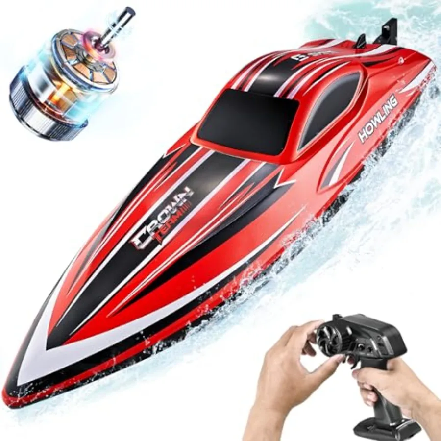 RC Boat for lakes: 16-inch brushless waterproof speed boat, red, 55 KPH fast performance with 2000mAh battery, ideal for adults