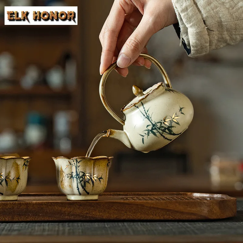 Antique Gold Drawing Green Bamboo Tea Set Complete Set Handmade Tea Ceremony Teapot And Tea Cup Set Chinese Tea Set Decoration