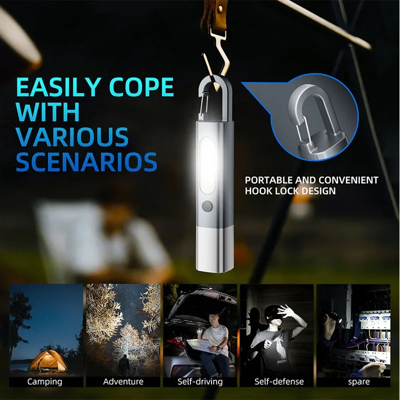 Super Bright LED+COB Flashlight Type-C USB Rechargeable Flashlights 3 Lighting Modes Emergency Light Outdoor Waterproof Torch