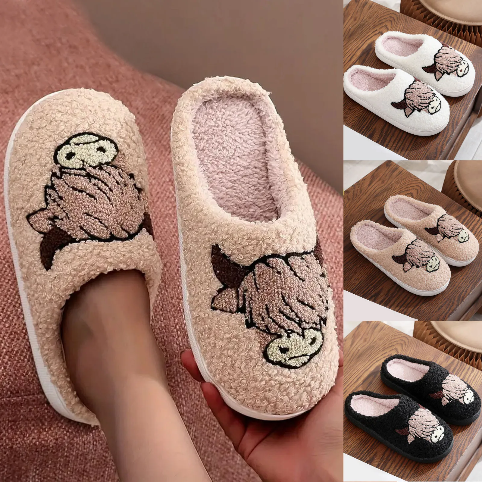 Women's Cartoon Cute Cow House Slippers Plush Home Slipper Girls Slippers Kawaii Flat Cartoon Couples Slides Shoes Winter Autumn