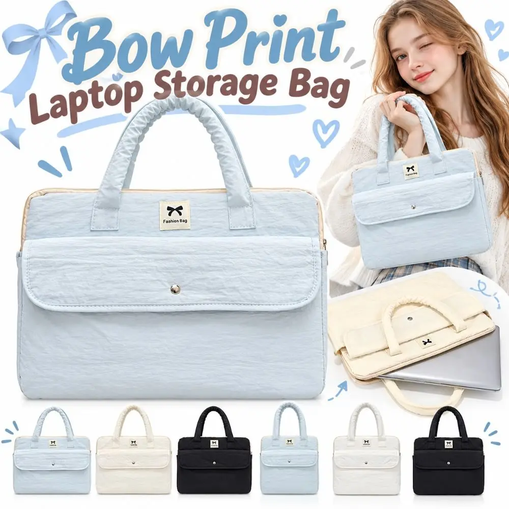 Solid Color Bow Print Laptop Storage Bag Water-repellent Shockproof Tablet Handbag Multifunctional Large Capacity Tote bag