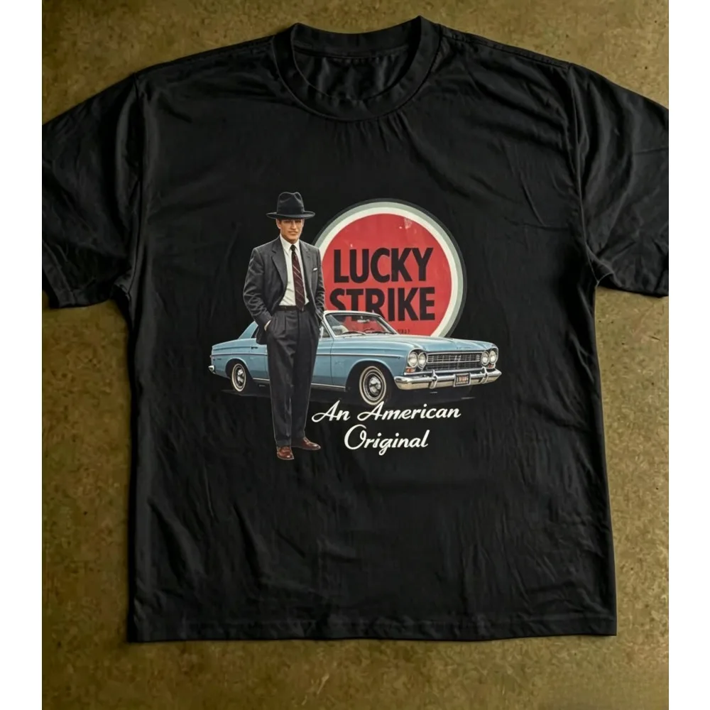 2026 New Vintage Lucky Strike Car Figure Print T-shirt Summer Casual Loose Crew Neck Pure Cotton Short Sleeve Tee Tops Unisex