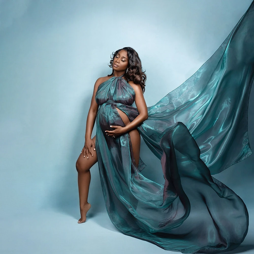 Maternity Photography Props Halter Gown High Slit Dress Pregnancy Photo Shoot Outfits Elegant Studio Posing Clothing