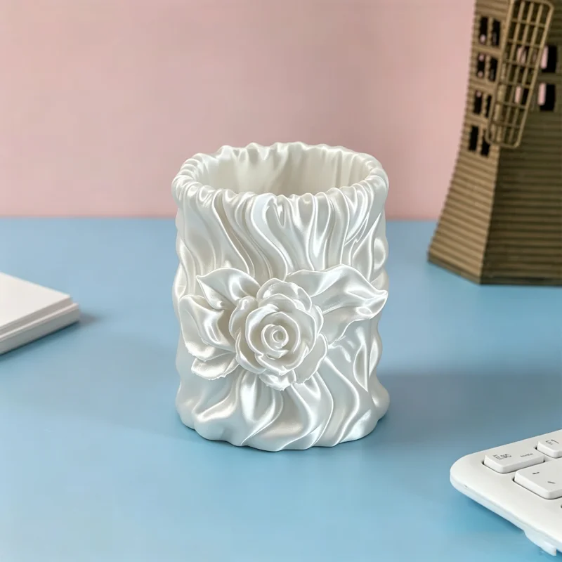 Ruffled Fabric Texture Rose Pen Holder,3D Floral Makeup Brush Storage Cup For Vanity Desk Bedroom Indoor Home Decor,3D Print