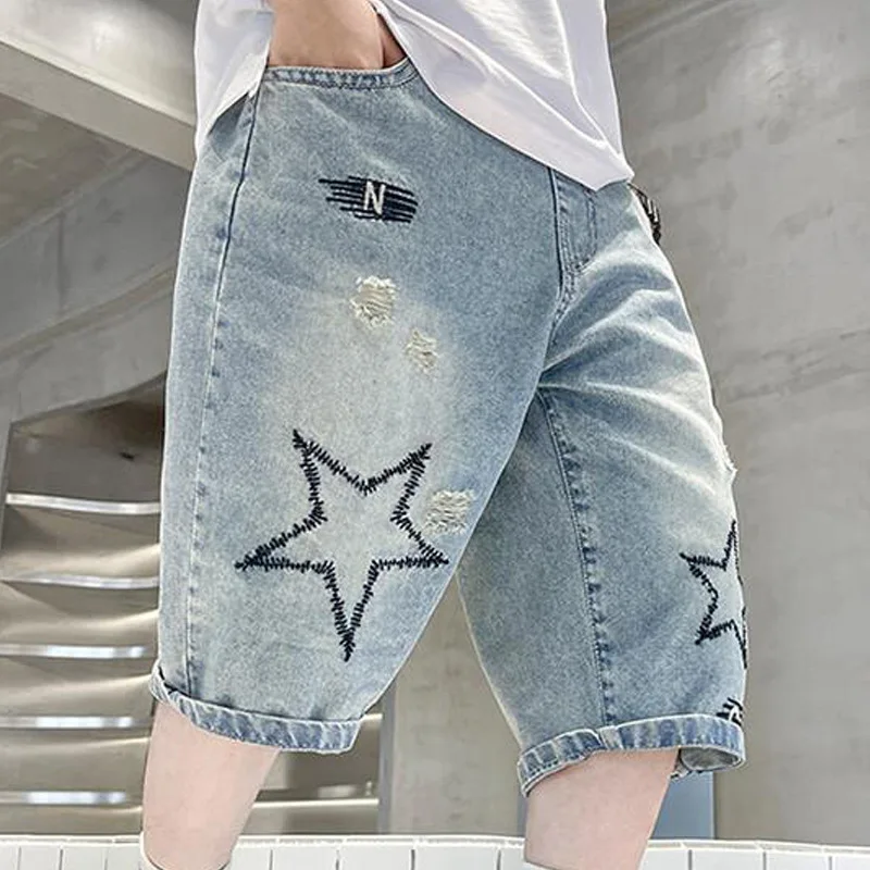 2026 Casual Boy Denim Shorts for Kids with Star Loose Fit Summer Cotton Sport Calf Pants Teenage Child Capris 4 6 8 1012 14 Year