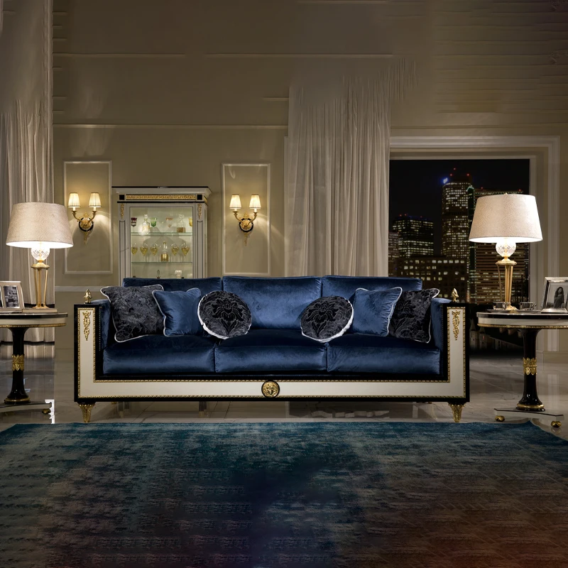 !@High End Classic Household Furniture Living Room Blue Velvet Sofa Set Luxury Solid Wood Three and Two Seater Couches for Villa